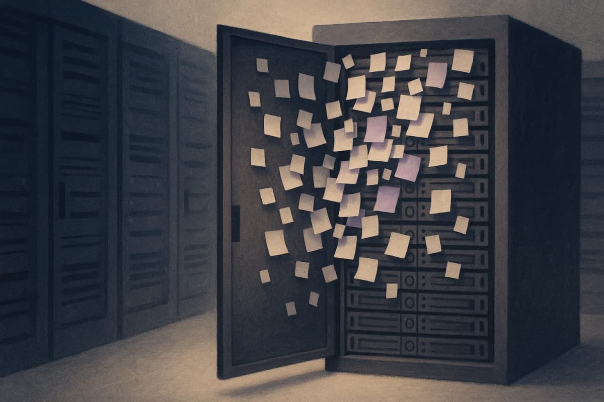 A dimly lit data-centre aisle with one storage-server cabinet standing open, and hundreds of small blank paper notes pinned, taped and wedged across the open door and between the drive bays inside it.