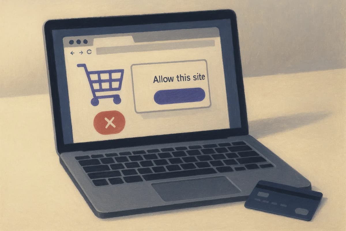 A laptop on an office desk showing a browser window with a single green 'Allow this site' approval dialog, while a shopping cart and a red delete button sit on the page behind it, with a corporate credit card lying next