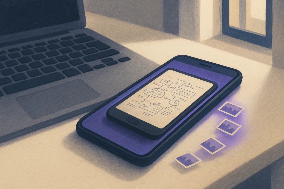 A smartphone lying on an office desk beside a laptop, its screen showing a photo of a whiteboard covered in handwritten diagrams, with a faint trail of small photo thumbnails drifting off the phone's edge toward an open