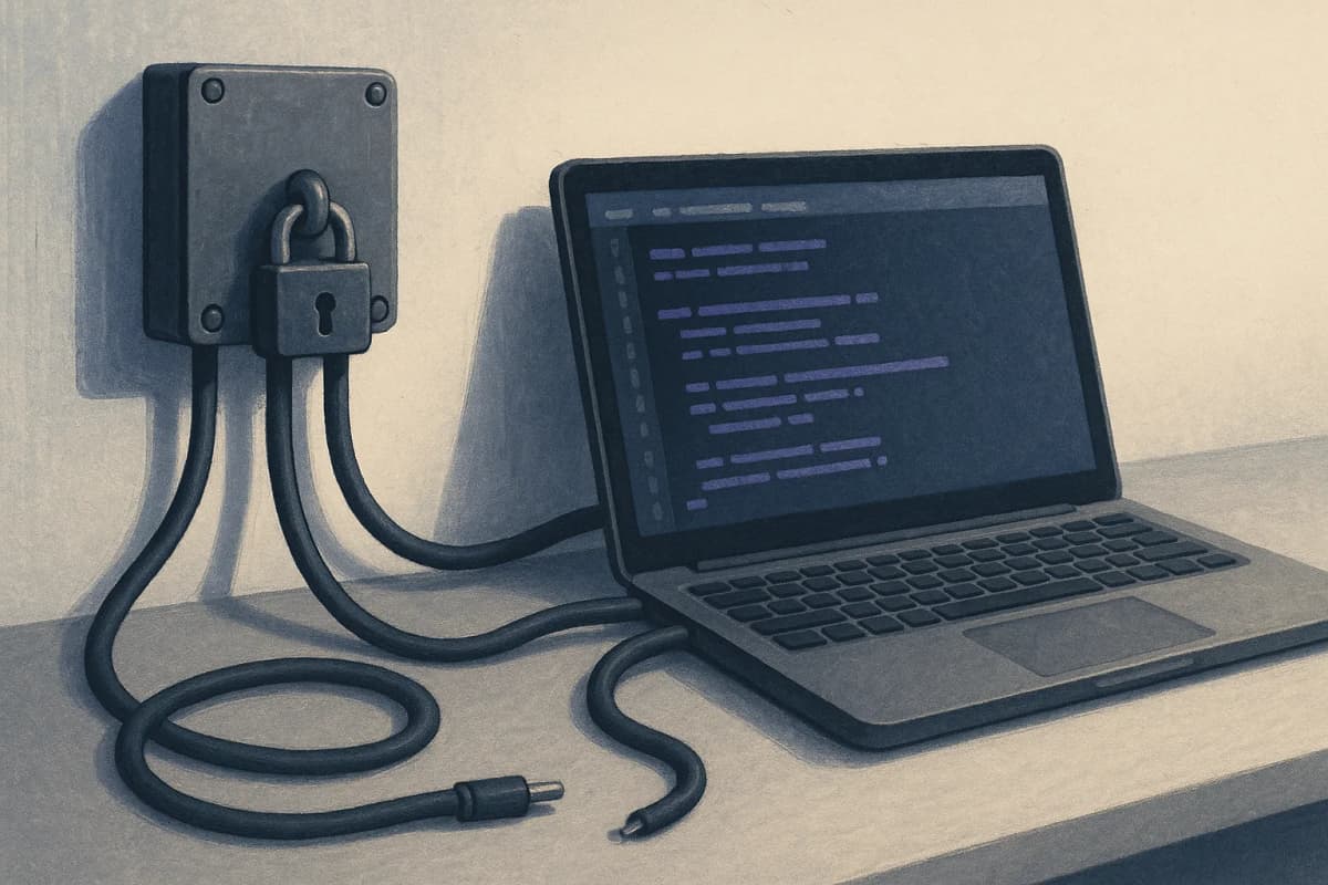 A developer's desk with a laptop showing Python code, and three thick cables running from the laptop into a single locked metal junction box bolted to the wall, while a fourth loose cable lies unplugged on the desk.
