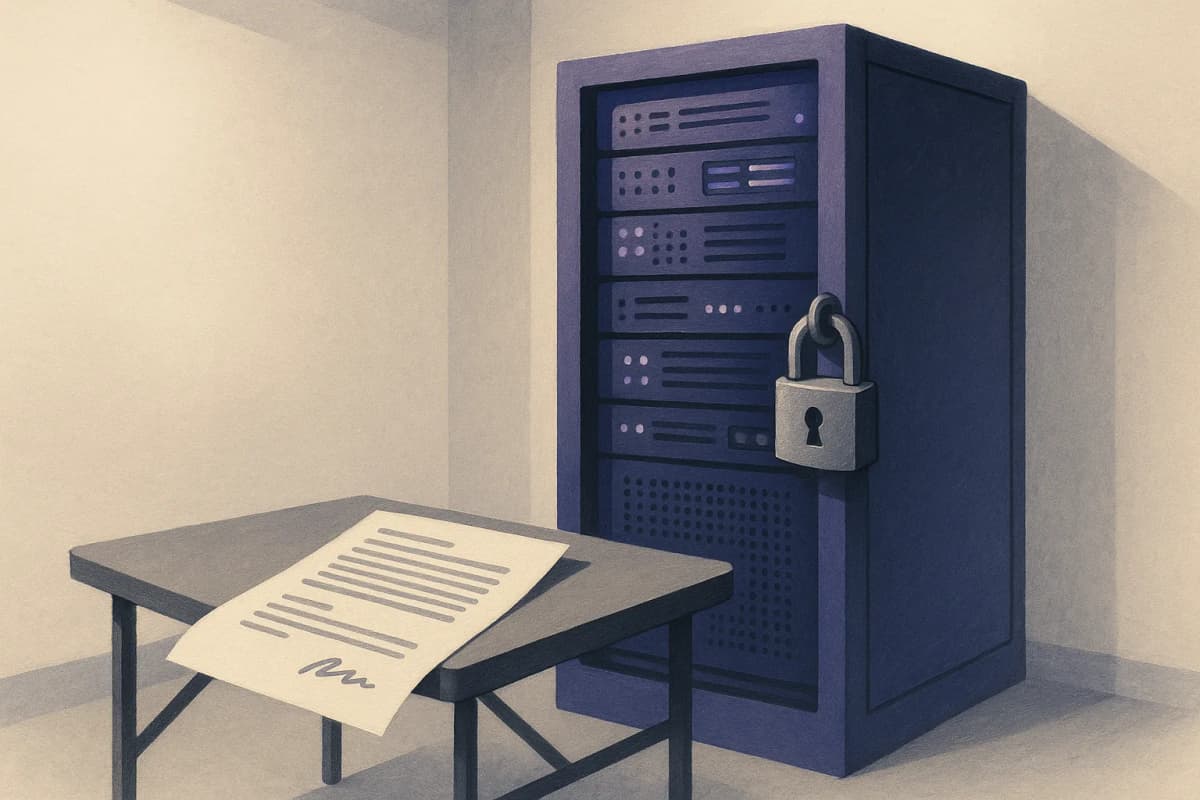 A single server rack standing inside a plain office room, with a printed contract lying open on a folding table in front of it and a padlock hanging on the rack door.