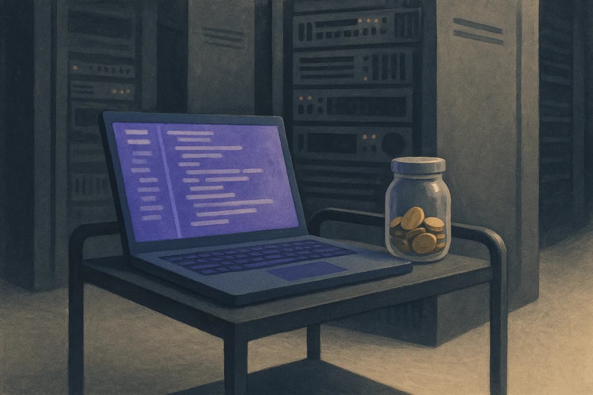 A server rack in a dim data-centre aisle with a single open laptop on a crash cart beside it, the screen showing a long list of code diffs, and a small paper coin jar with only a few coins sitting on top of the cart.