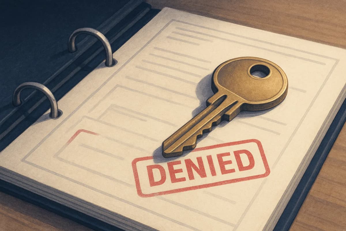 A single physical brass door key resting on an open printed compliance binder page, with a red DENIED stamp mark beside it on the paper, shot close and plainly lit on a desk. No readable text or logos.