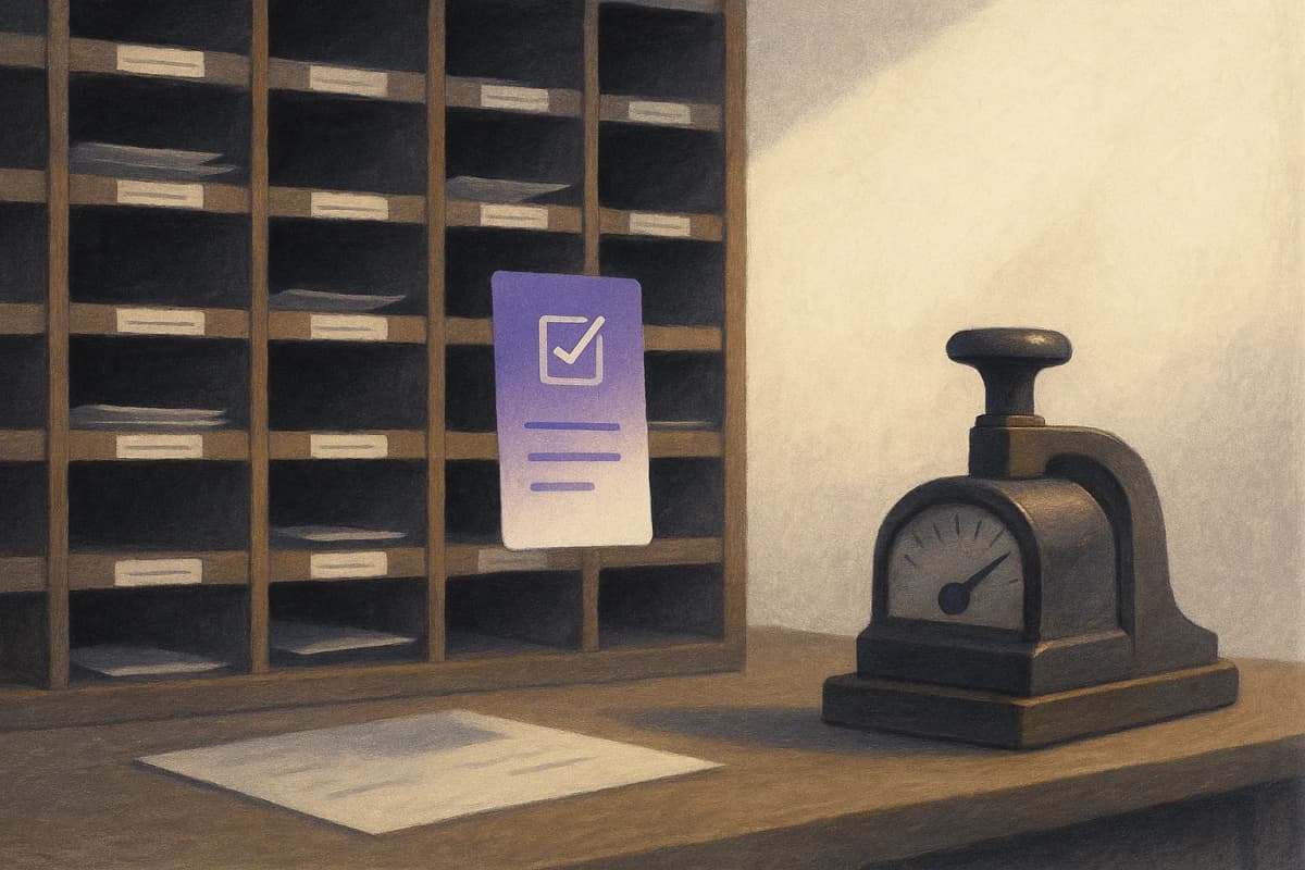 A wooden mail-sorting rack in a back office with dozens of labeled pigeonholes, a single paper ticket suspended mid-air between two slots, and a brass postage meter on the desk beside it.