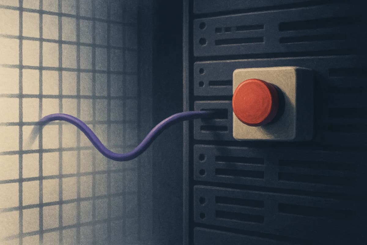 A server rack in a dim data centre with a red emergency stop button mounted on its side, unpressed, while a single network cable labelled with nothing snakes out of the rack through a gap in a wire-mesh cage.
