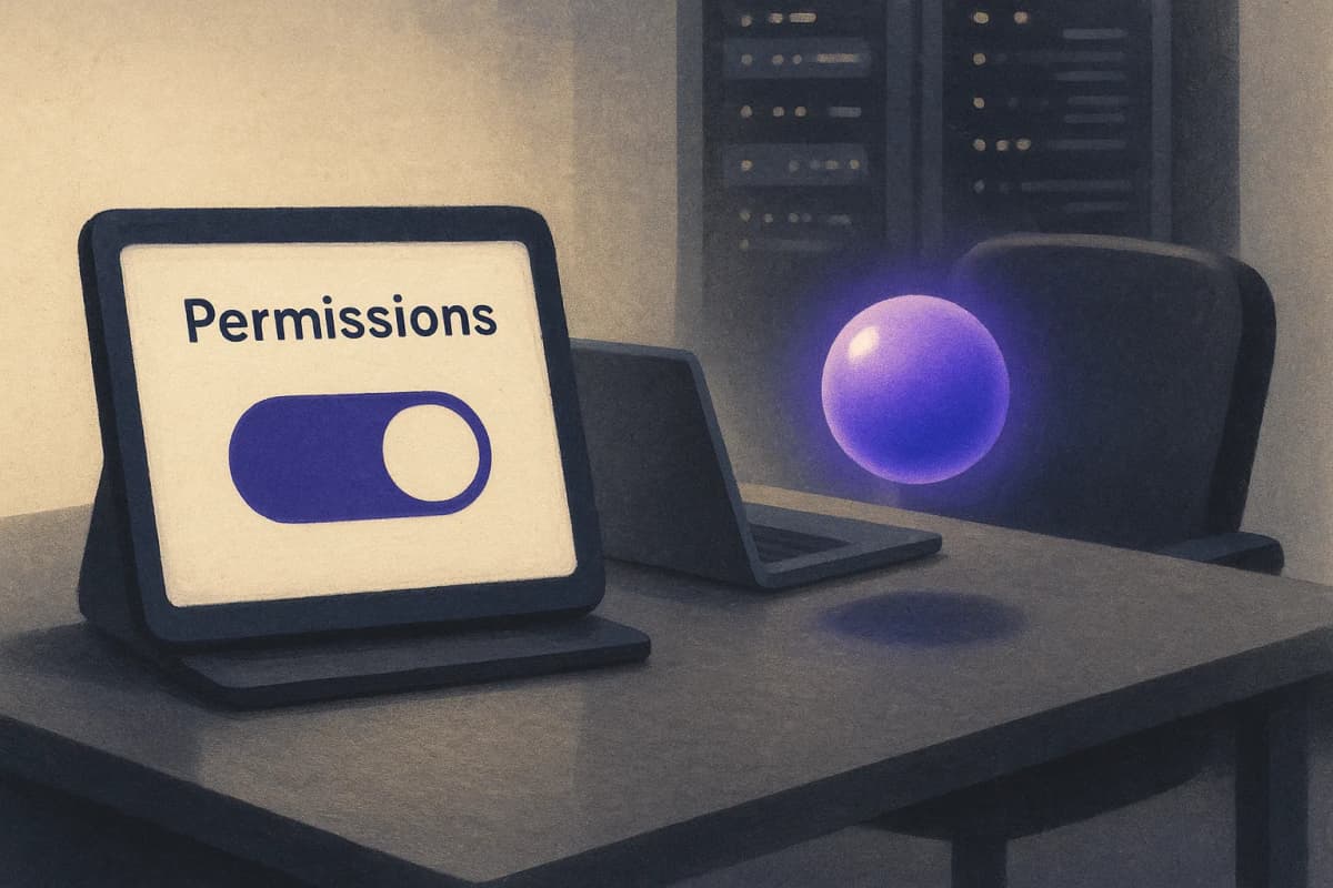 A server-room admin console on a desk showing a single permissions toggle switched off, beside a closed laptop and a small glowing cartoon-like orb hovering above an empty office chair.