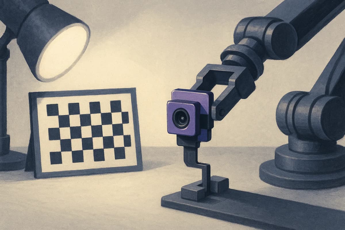 A bare smartphone camera module, its tiny lens exposed, clamped in a robotic calibration rig on a lab bench and aimed at a black-and-white checkerboard test chart under bright studio lights.