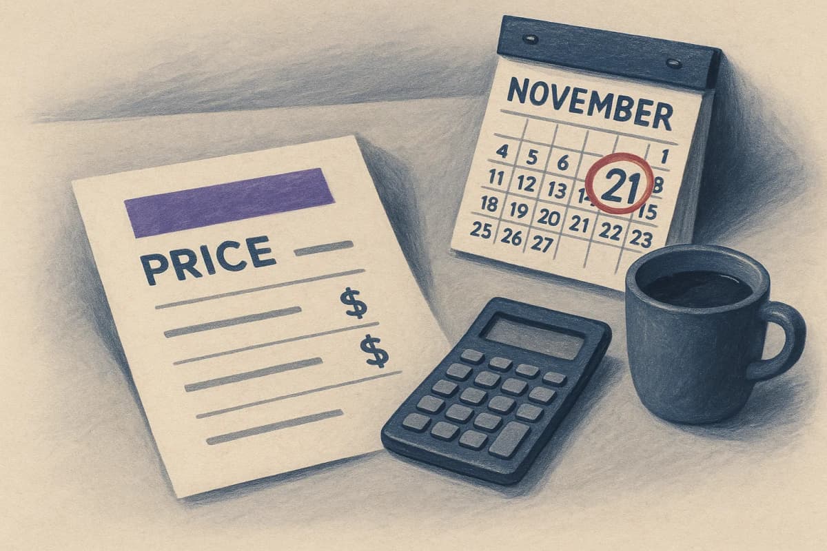 A paper price sheet lying on a desk beside a tear-off wall calendar turned to November with the 21st circled in red marker, a pocket calculator and a coffee cup next to them.