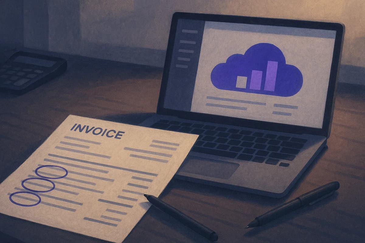 A finance analyst's desk with a printed cloud invoice spread out, three line items circled in pen, next to a laptop showing a usage dashboard, in a dim office at dusk.