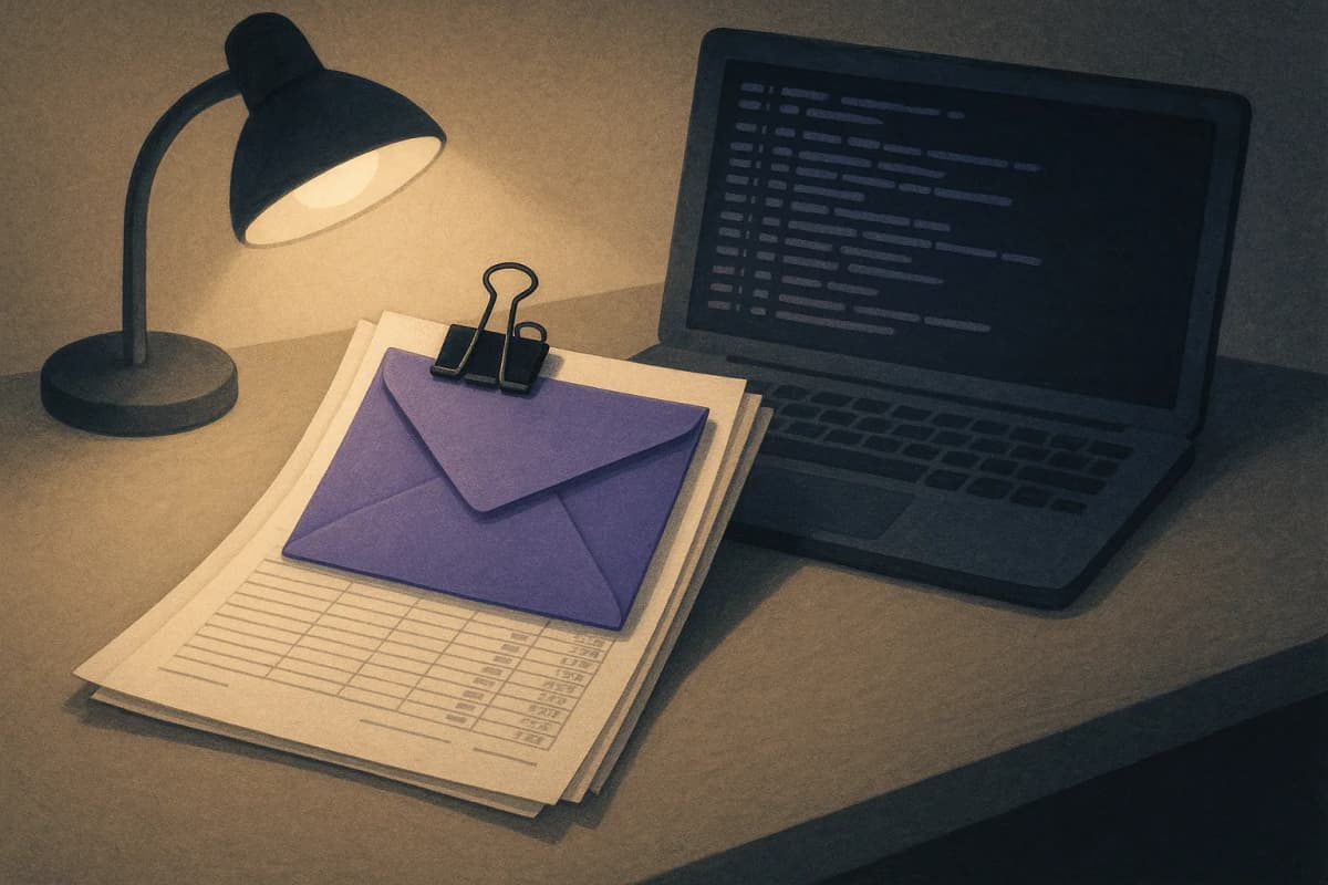 A sealed, opaque grey envelope clipped to the top of a stack of printed spreadsheet pages on an office desk at night, a laptop beside it showing a long scrolling terminal log, lit by a single desk lamp.