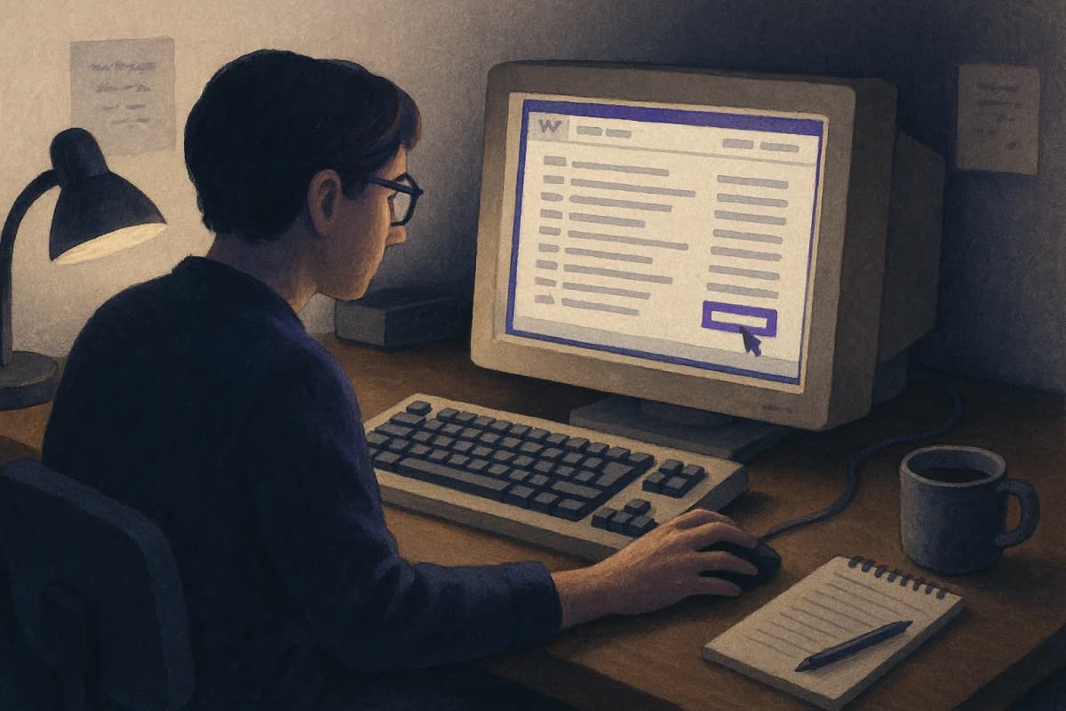 A lone volunteer wiki administrator at a cluttered home desk late at night, one hand on the mouse, deleting row after row of identical-looking entries from a list on a single old desktop monitor, a cold mug of coffee and