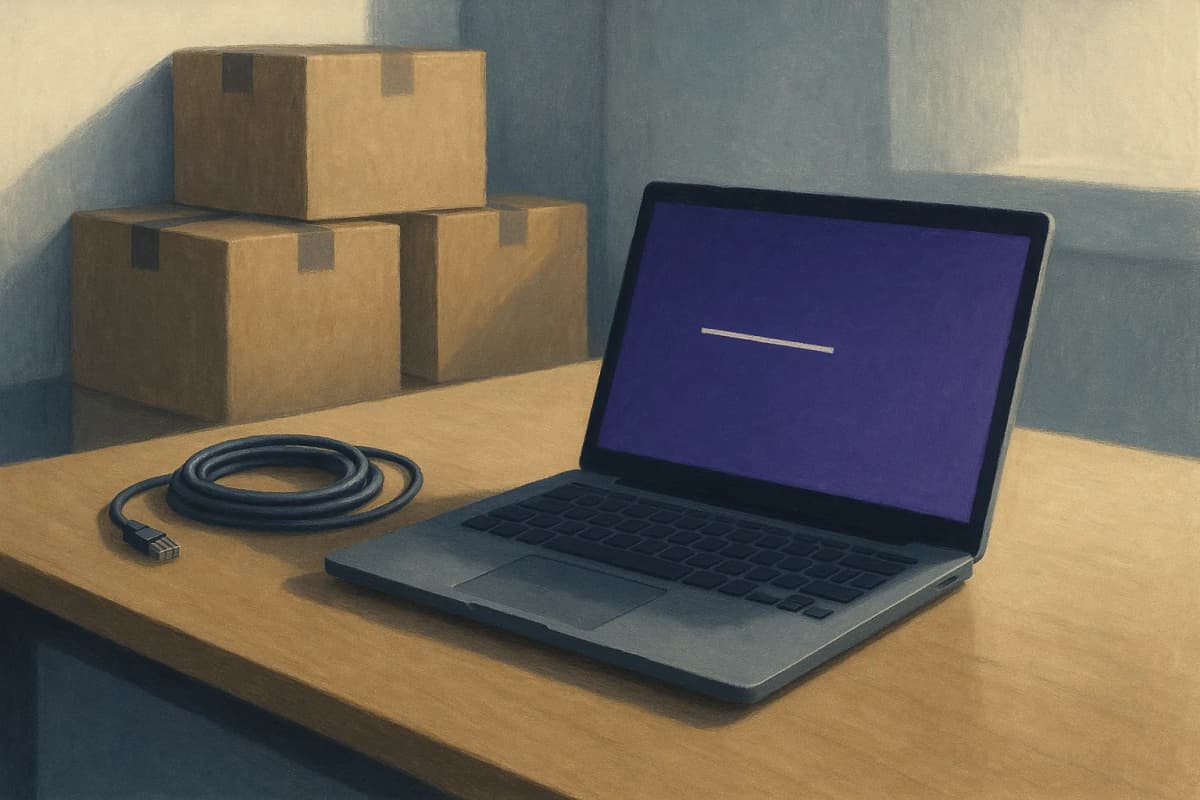 A single open laptop on an otherwise cleared desk in an empty small startup office, its screen showing one short line of plain text, with sealed cardboard moving boxes stacked against the wall behind it and a coiled unpl