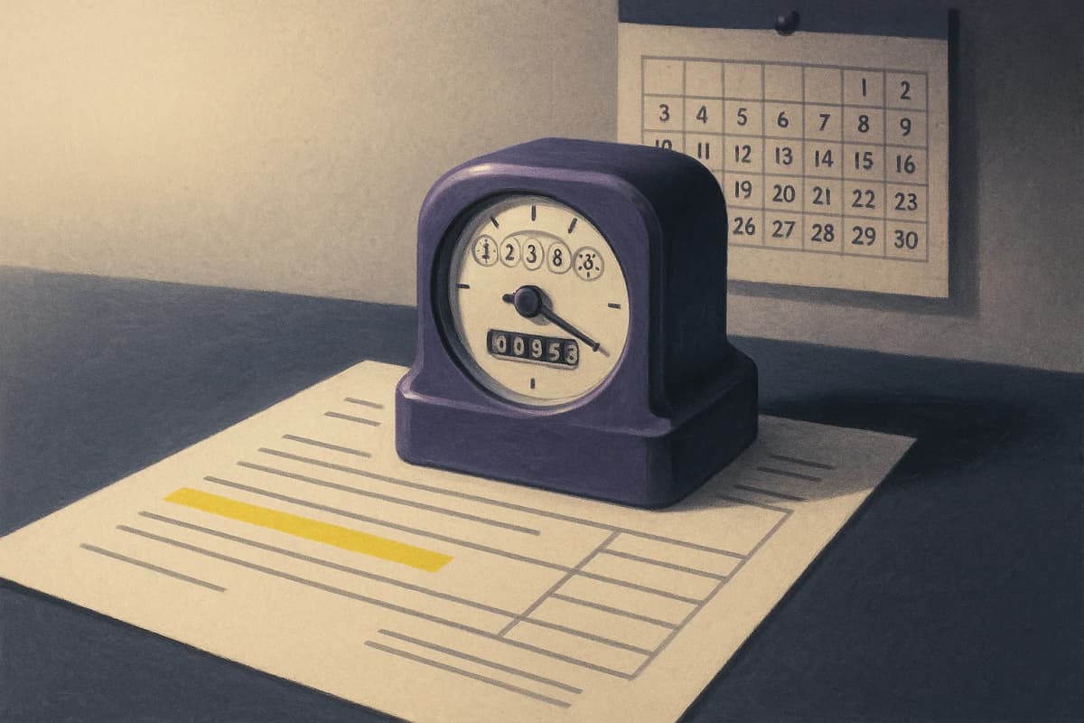 A federal budget officer's desk: a printed purchase order with one ruled ceiling line highlighted in yellow, a heavy mechanical utility meter with a glass dial sitting on top of it like a paperweight, and a wall calendar