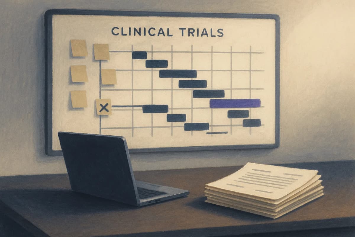 A wall-mounted whiteboard in a biotech operations office covered in a hand-drawn clinical trial Gantt chart, with one manufacturing batch bar crossed out and sticky notes moved, beside a closed laptop and a stack of vend