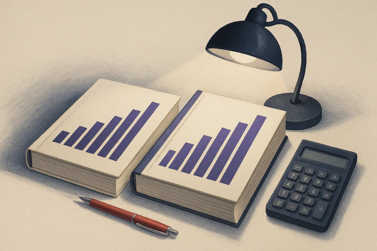 A finance analyst's desk with two printed revenue ledgers side by side, one visibly thicker than the other, a calculator and a red pen resting between them under a desk lamp.