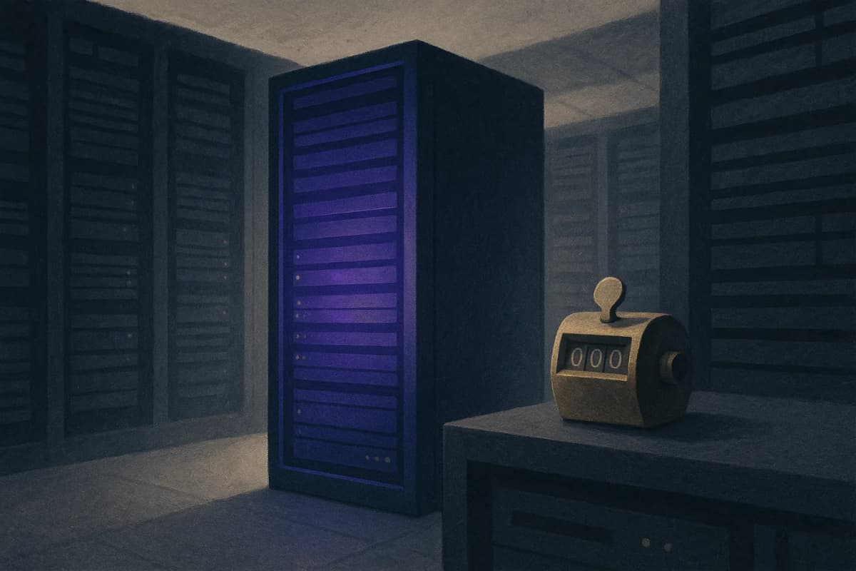 A server rack aisle in a data centre with one rack glowing much brighter than the rest, a small brass tally counter clicking upward on a shelf beside it.