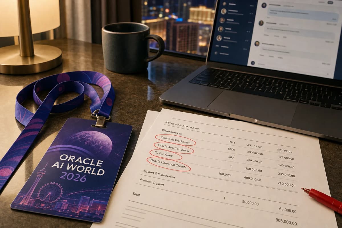 A conference badge lanyard for a Las Vegas tech event lying on a hotel desk next to a printed Oracle renewal contract with several line items circled in red pen and a laptop showing a chat window.