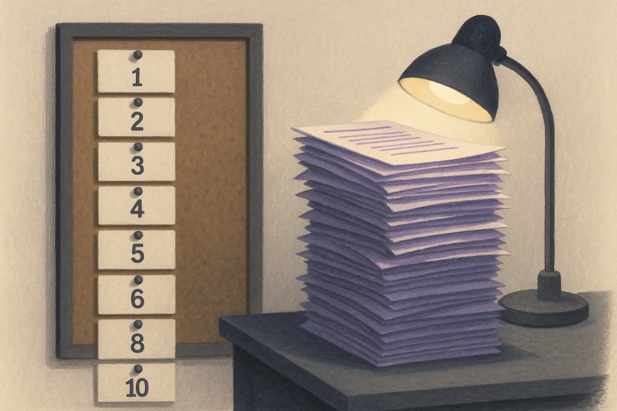 A corkboard on an office wall holding ten small index cards pinned in a single numbered column, next to a desk carrying a tall, toppling stack of loose incident-report printouts under a lamp.