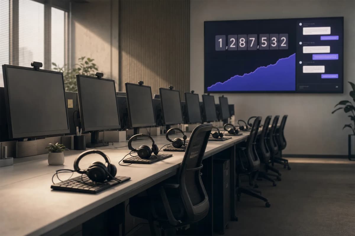 A row of empty customer-support desks with headsets resting on keyboards, while one large monitor at the end of the room shows a scrolling chat window and a running tally counter.