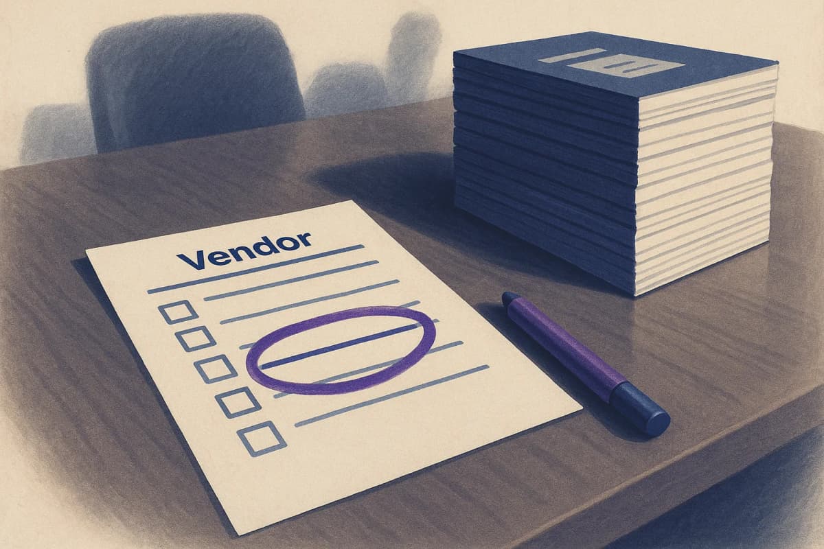 A printed vendor shortlist lying on a boardroom table with one row circled in red marker, beside a tall stack of identically formatted printed buying guides.