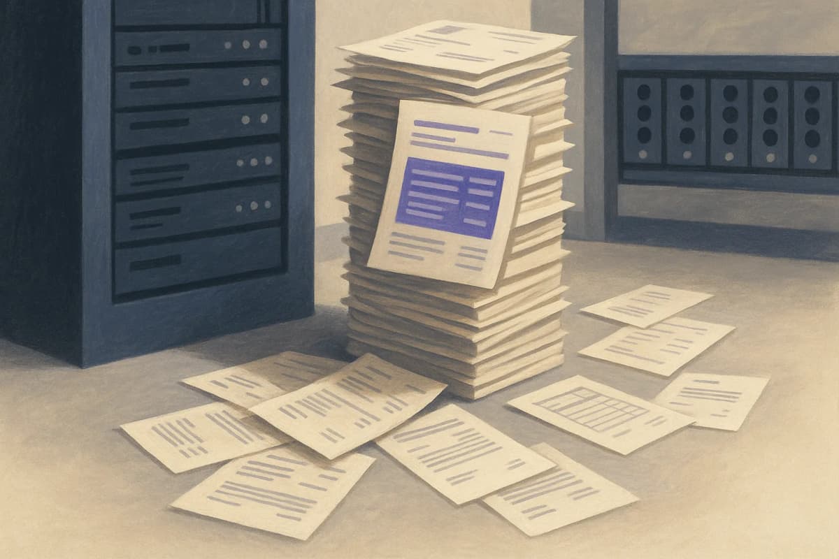 A tall stack of scanned paper contracts and invoices beside a server rack in a data centre aisle, with loose pages fanned out across the floor between the rack and a row of hard drives.
