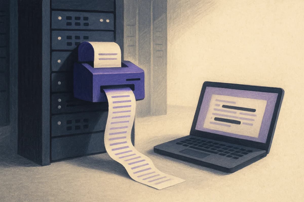 A server rack in a dim data centre with a single paper receipt printer attached to it, a very long receipt spilling onto the floor, next to a small laptop showing blurred text with black redaction bars.
