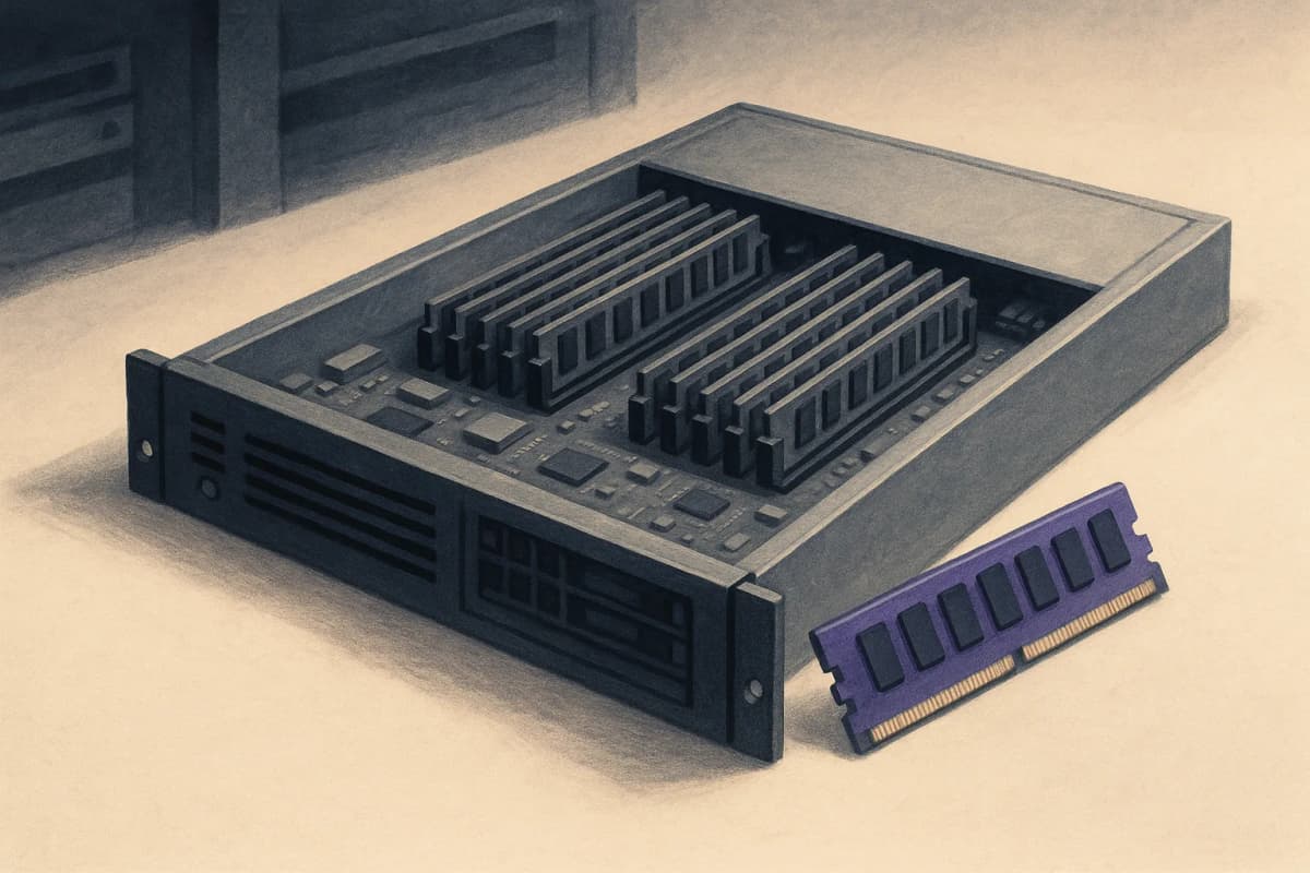 A single rack-mounted server pulled out onto a workbench with its lid off, showing rows of memory modules along the board, one slot empty with a DIMM lying on the bench beside it.