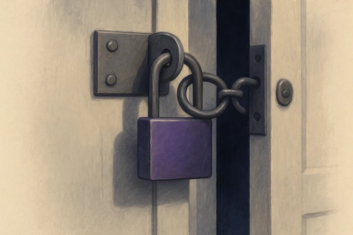 A steel padlock on a workshop door, clicked shut through a loose metal loop beside the hasp instead of through the hasp itself, so the door still hangs open a few inches.