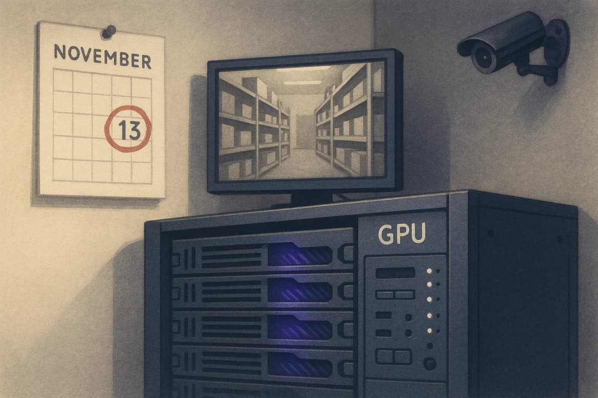 A GPU server rack in a small office server room with a security camera feed of a warehouse shelf on a monitor beside it, and a wall calendar with November 13 circled in red.