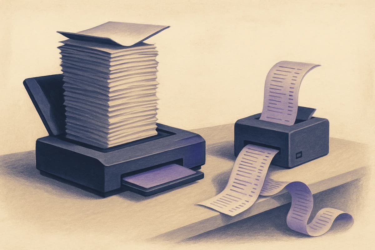 A tall stack of printed office documents feeding into a flatbed document scanner on a desk, with a long itemised paper invoice spooling out of a small printer beside it and coiling onto the floor.