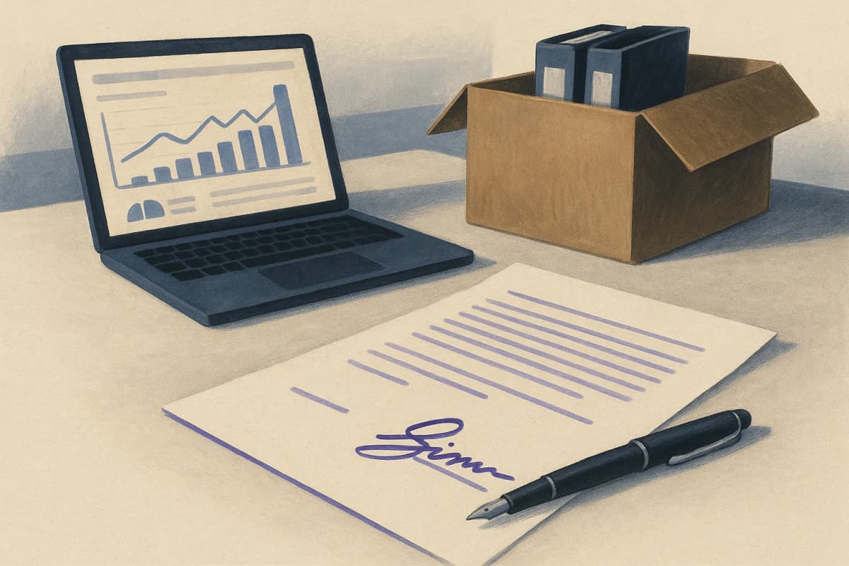 A signed software subscription contract on a conference-room table with a pen resting on it, beside an open laptop showing a generic analytics dashboard of bar and line charts, and a moving-company cardboard box half-pac