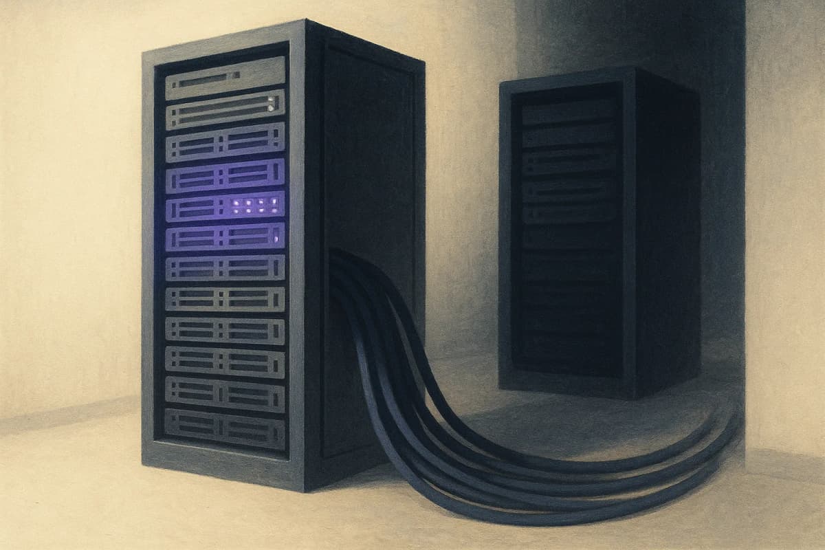 A single server rack in a data-centre aisle with its front bank of drives lit and warm, while a thick bundle of patch cables curves away to a second rack standing completely dark and unlit.