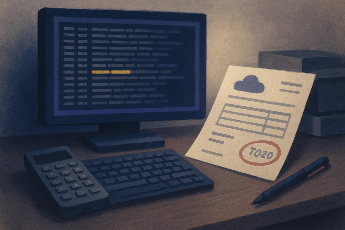 A developer's desk at night with a monitor showing a long server log, one repeated timestamp line highlighted in yellow, beside a printed cloud invoice with a large total circled in red pen; no legible text or logos.