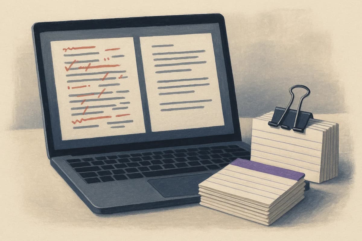 A laptop on a desk showing two side-by-side printed prompt documents, one heavily marked up in red pen with crossed-out lines and margin notes, next to a stack of labeled index cards held by a binder clip.
