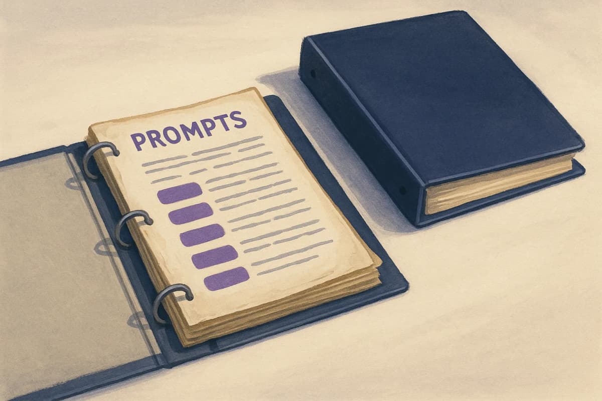 A worn three-ring binder of printed prompt templates lying open on a developer's desk, its pages yellowed and dog-eared, with a crisp empty binder sitting closed beside it.
