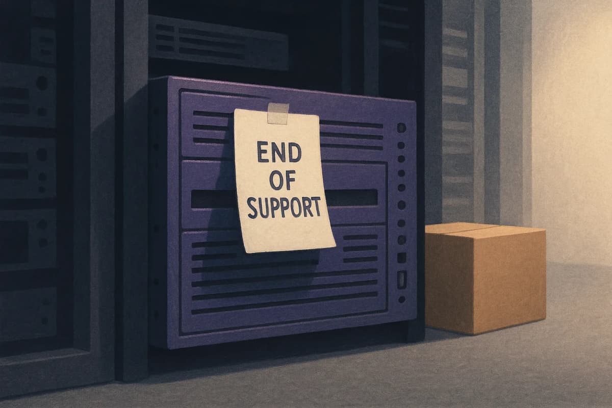 A rack-mounted on-premises server in a dim data-centre aisle with a paper end-of-support notice taped to its front panel and a cardboard moving box on the floor beside it.
