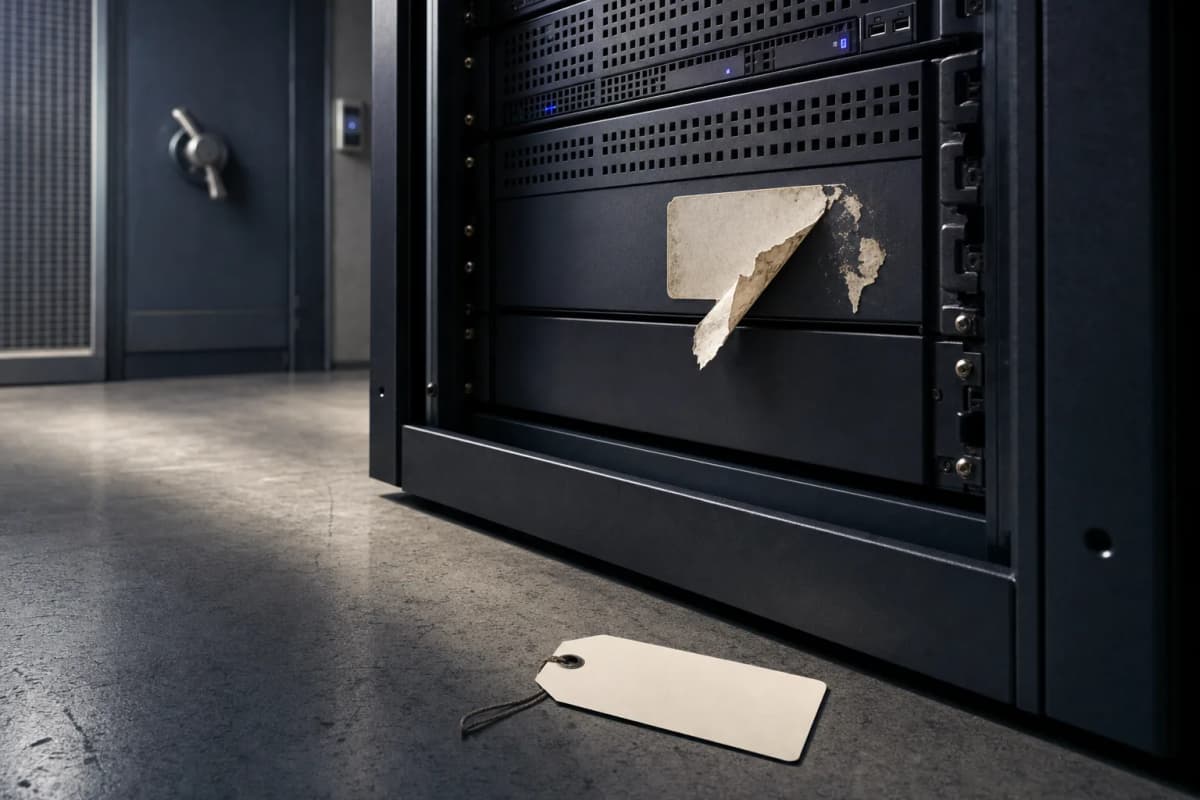A server rack in a bank's locked data room with an old asset tag being peeled off one appliance and a new blank tag lying beside it on the floor.
