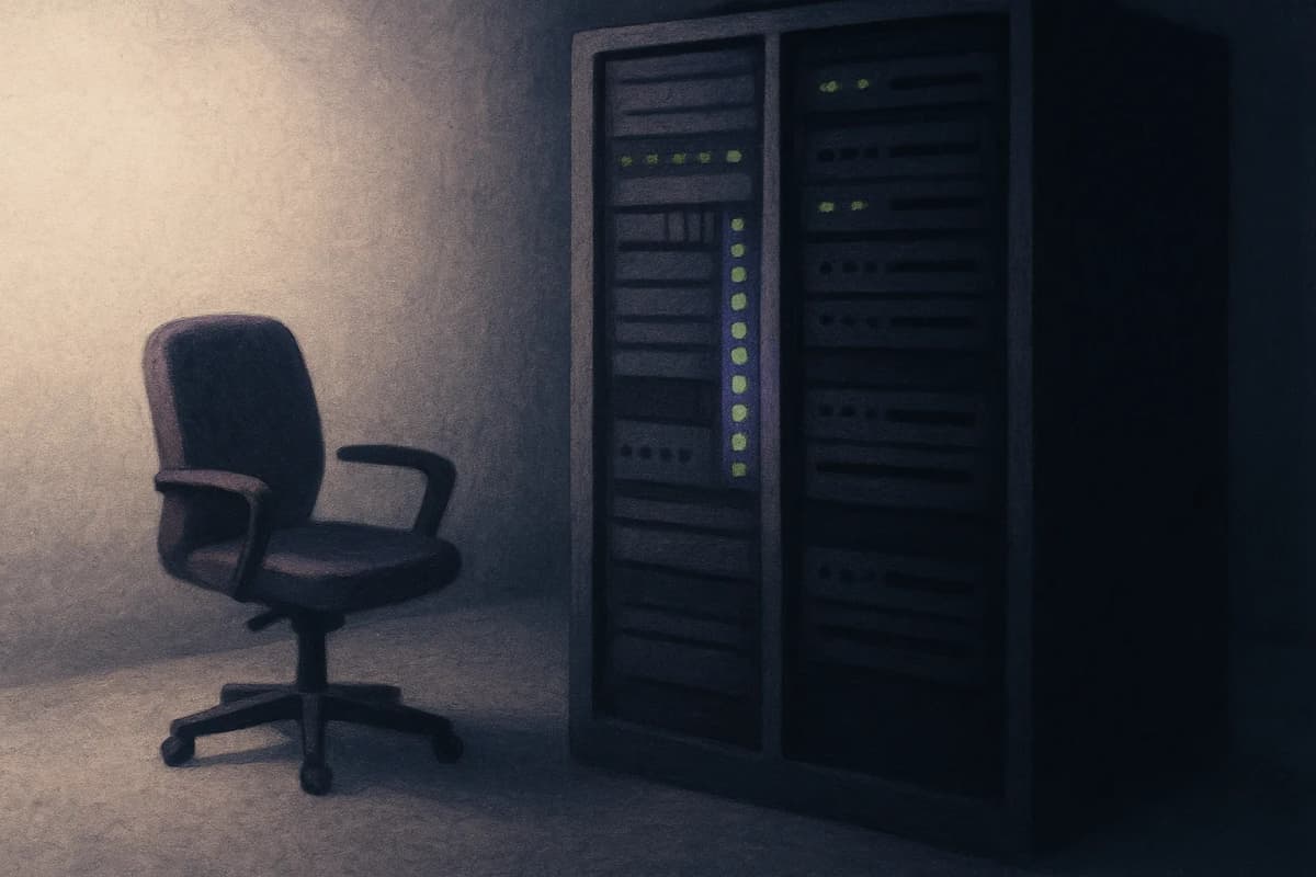 A half-lit server rack in a dark data hall at night, only a few rows of green status lights glowing while the rest sit dark, an empty office chair pushed back beside it.