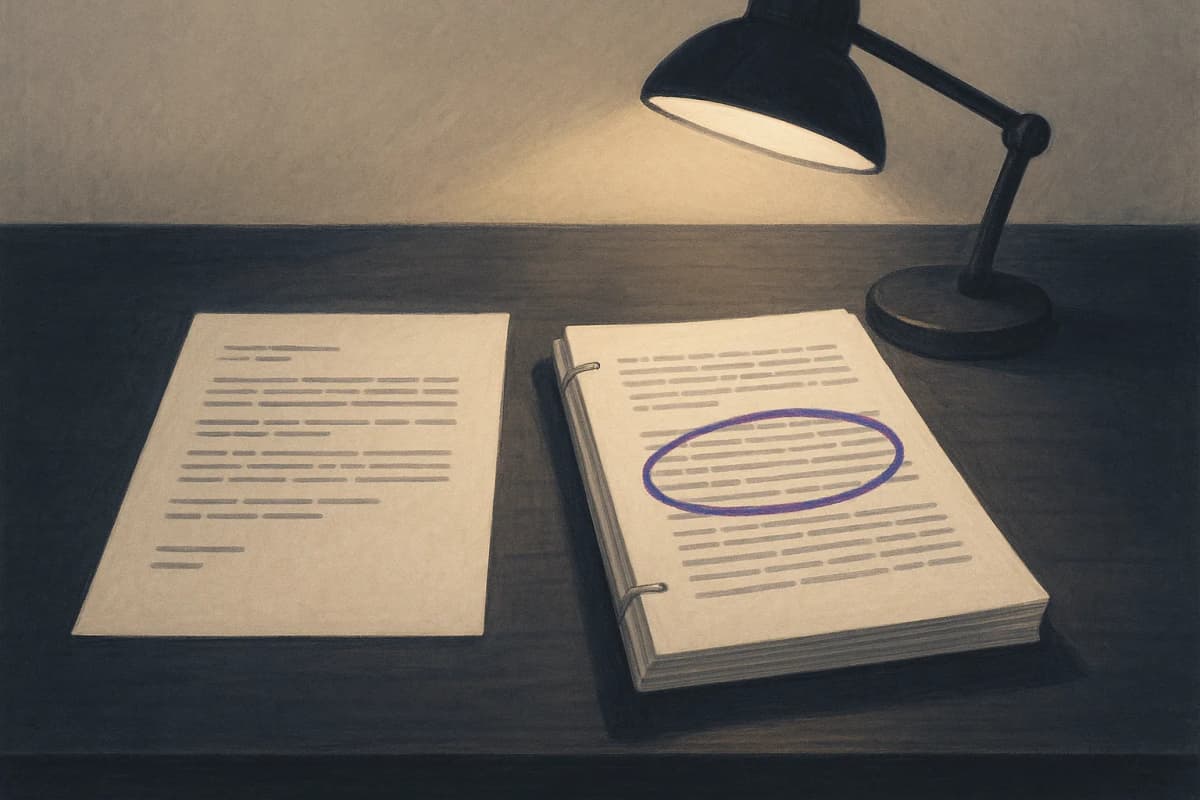 Two paper documents lying side by side on a dark boardroom table under a low desk lamp: a thin two-page release on the left and a thick stapled filing on the right with one paragraph ringed in red pen, the printed text i