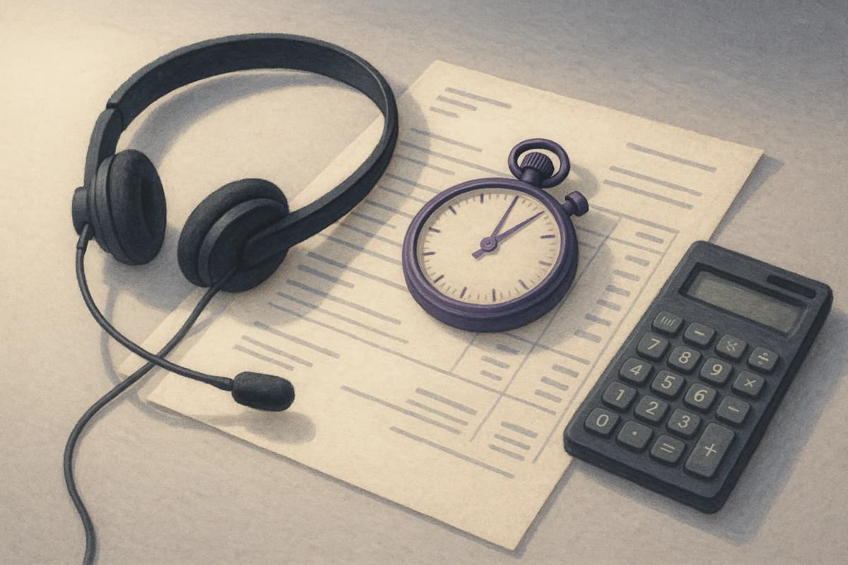 A contact-centre headset resting on a desk beside a printed invoice and a calculator, a stopwatch lying on top of the invoice, under office lighting.