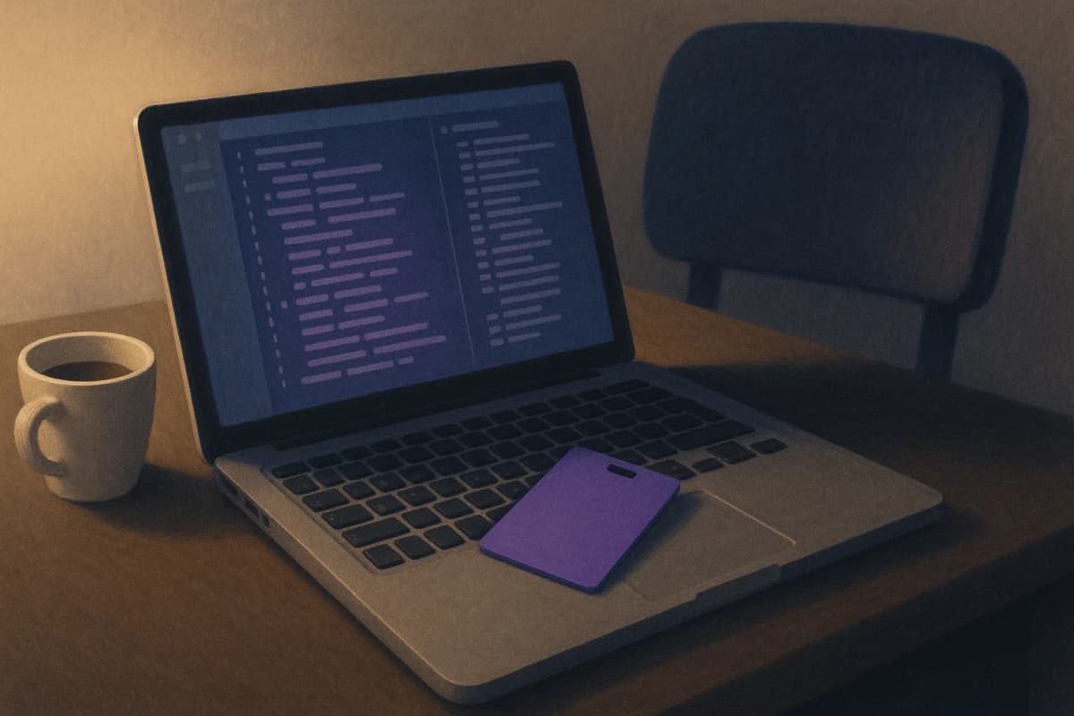 A developer's darkened desk late at night: an open laptop showing a long scrolling list of code commits, an untouched cup of coffee beside it, and a single plastic office keycard lying face-down on the keyboard, with the