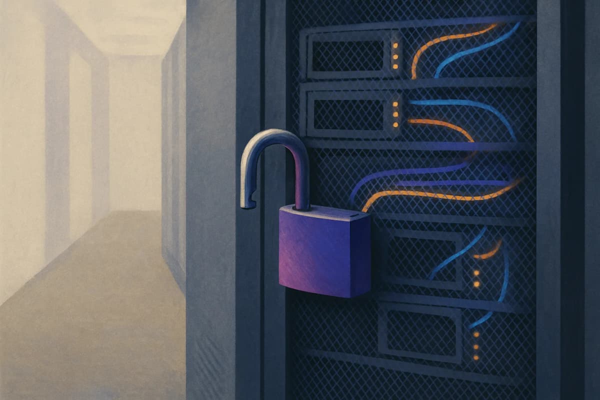 A rack-mounted GPU server cabinet in a data-center aisle, its mesh door closed but a brand-new shiny padlock hanging open and unlatched from the door's hasp, cables glowing behind the mesh. No text or logos.