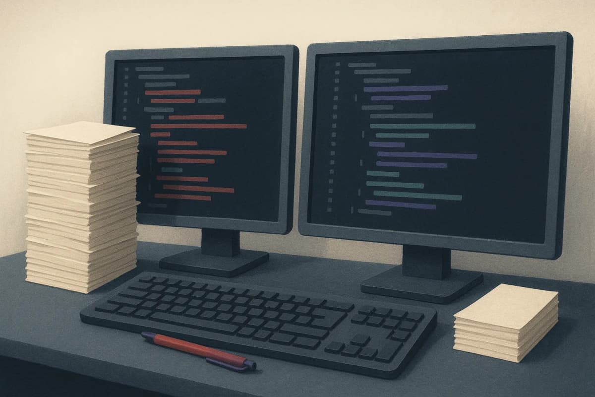 An engineer's desk with two monitors side by side, each showing a long code diff rendered as abstract red and green highlighted bars; beside the left monitor sits a tall stack of paper invoices, beside the right a much t