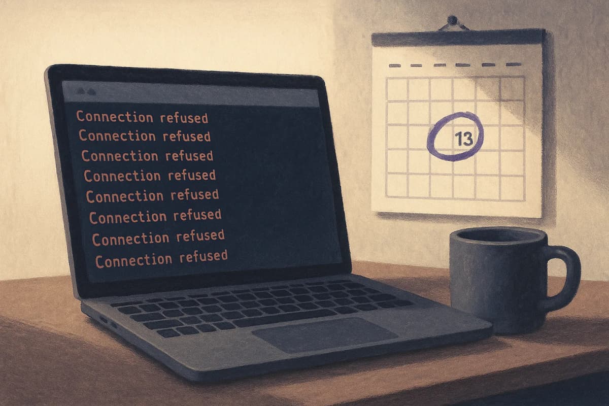 A laptop on an office desk showing a terminal window full of red connection-refused errors next to a printed wall calendar with a date circled in marker, a coffee mug beside it.