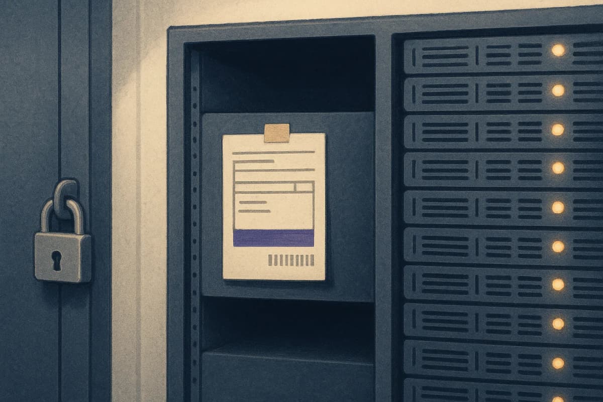 A server rack in a locked government data centre with one empty, unlit bay and a printed shipping label taped to the empty slot, beside a lit rack full of running servers.