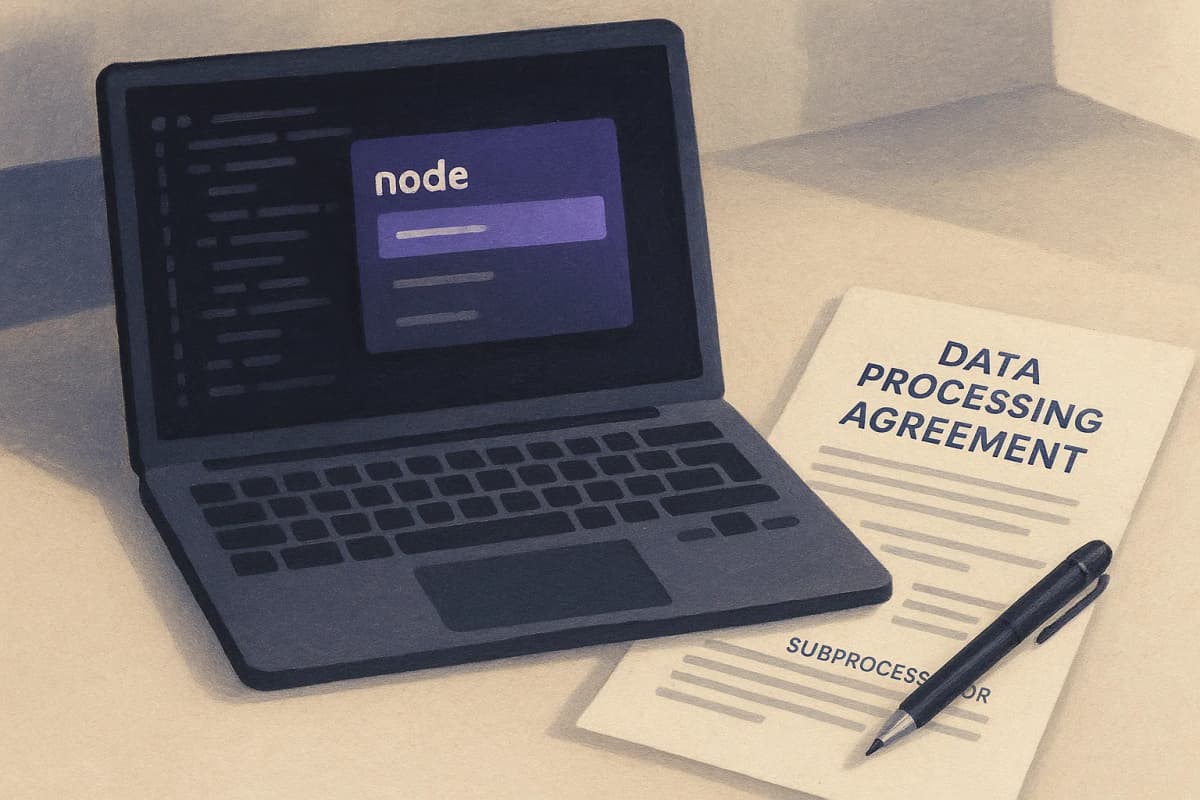 A laptop on an office desk showing a code editor with a model dropdown menu open, beside a printed data processing agreement with a pen resting on the subprocessor page.