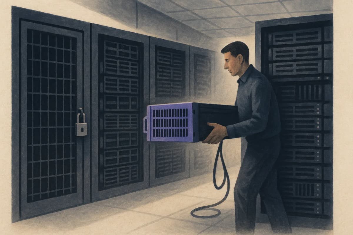 A datacenter cold aisle with a row of GPU server racks: the left half of the racks fitted with locked steel cage doors and a padlock, the right half open with a technician pulling one server sled out mid-swap, a coiled n