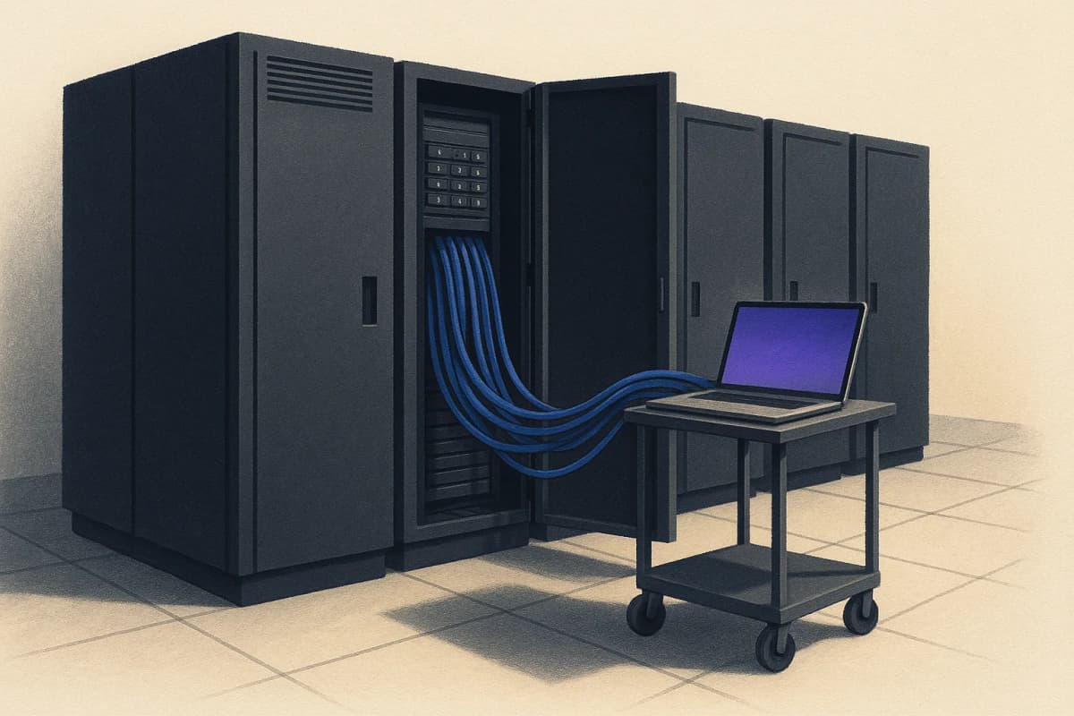 A row of tall black IBM-style mainframe cabinets in a raised-floor data centre, one cabinet door open with a thick bundle of blue cables running out to a single modern laptop on a crash cart.