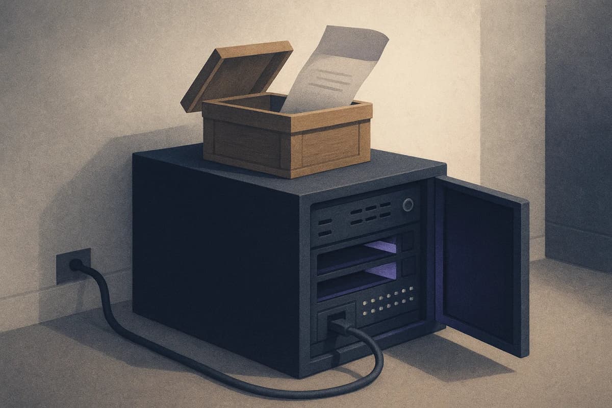 A single documentation build server in a dim server room with its front panel open, a small wooden shipping crate sitting on top with its lid pried up to reveal a folded sheet of paper inside, and one network cable runni