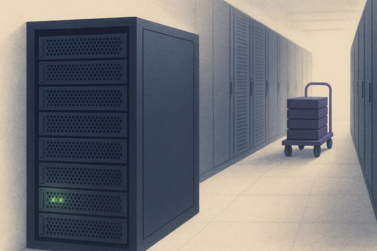 A data-centre aisle with a rack of eight GPU servers where two glow with green activity lights and six sit dark, while a line of loaded wheeled equipment carts waits at the end of the aisle. No text or logos.
